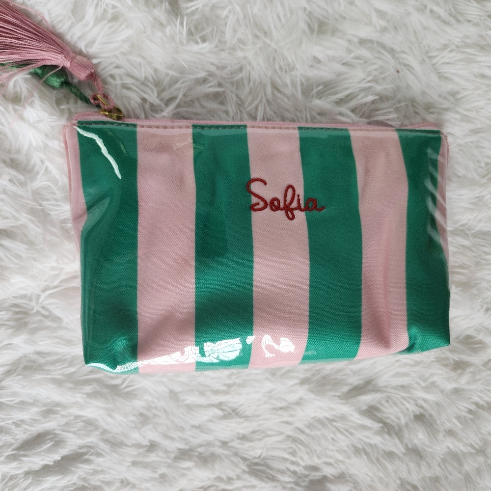 Mark & Graham Sofia Pink and Green Striped Makeup Bag